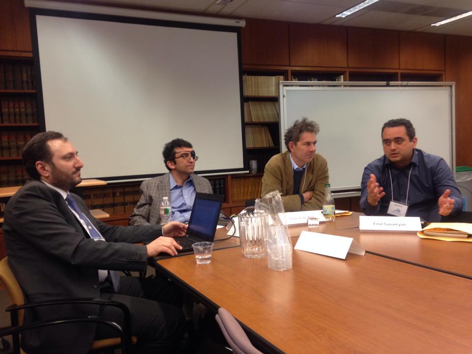 From left: Ulvi Ismayil, Mikail Mamedov, de Waal and Sanamyan during a panel on Akram Aylisli at the Association for the Study of Nationalities annual conference in 2014. Courtesy image.