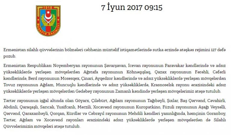 A typical daily report of cease-fire violations by the Azerbaijani Defense Ministry