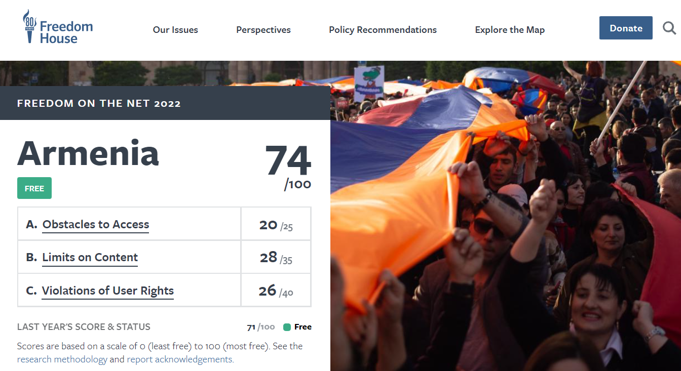 Armenia improves internet freedom score, retains ‘free’ rating, despite global setbacks