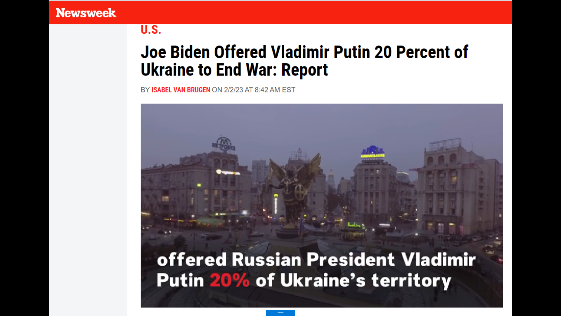 Բայդենը Պուտինին առաջարկած է եղել Ուկրաինայի 20 տոկոսը՝ դադարեցնելու պատերազմը․ Newsweek